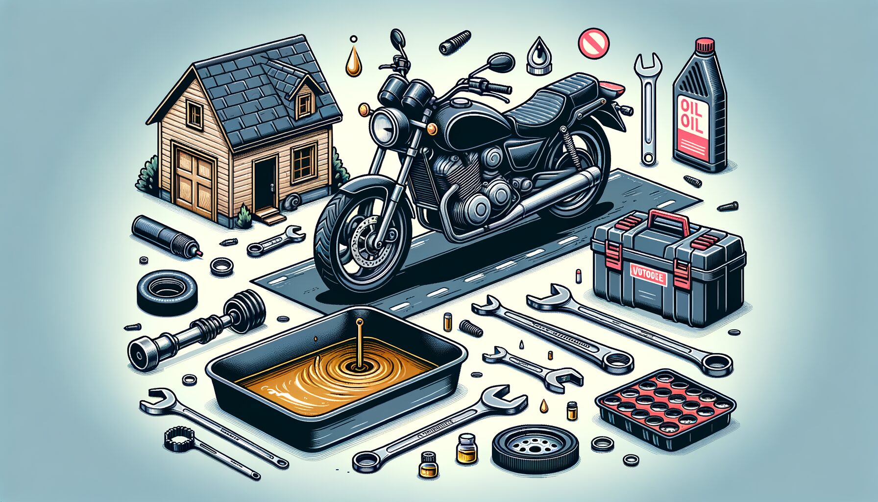 Ilustrasi ganti oli motor sendiri di rumah dengan rapi dan aman