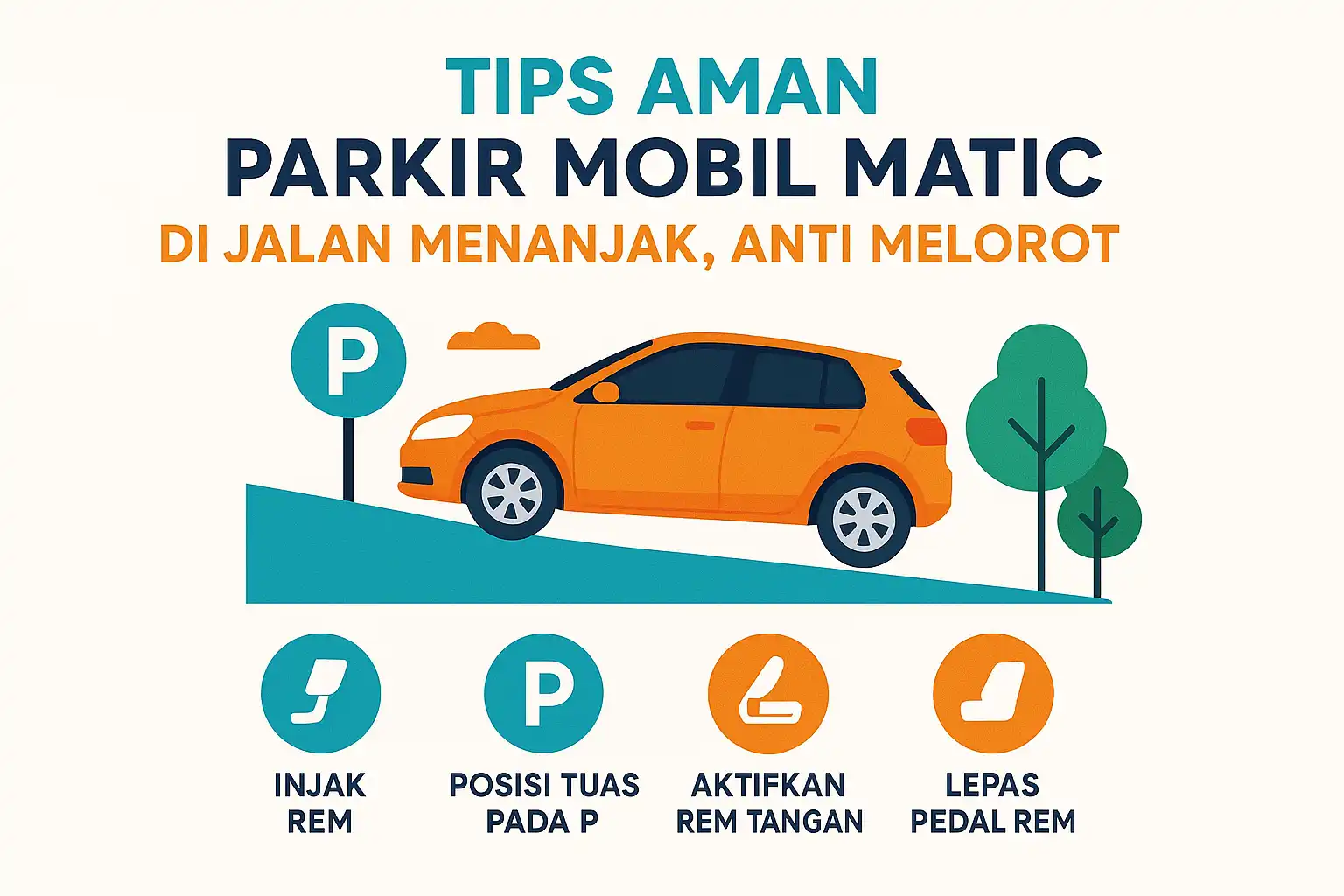 Ilustrasi aman parkir mobil matic di jalan menanjak